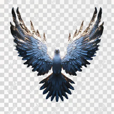 3D render as an octane render made in cinema4d with black background, Angel wings in perfect symmetry made out of a hybrid between wings of a dove and wings of a hawk spread out, create a depth using light and shadow with omni invisible light source from the top, precision details