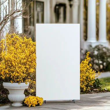 sophisticated, elegant, simple. large blank white wedding welcome sign mockup A1. straight on. realistic. outdoors, yellow flowers