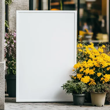 sophisticated, elegant, simple. large blank white wedding welcome sign mockup A1. straight on. realistic. outdoors, yellow flowers