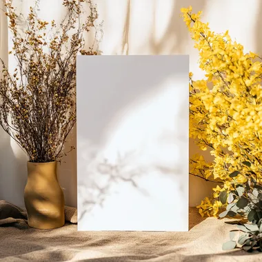 sophisticated, elegant, simple. large blank white wedding welcome sign mockup A1. straight on. realistic. outdoors, yellow flowers