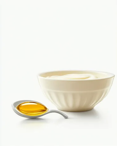 front view of a bowl cream and a spoonful of olive oil in the foreground, on a white background. Realistic photo, high resolution