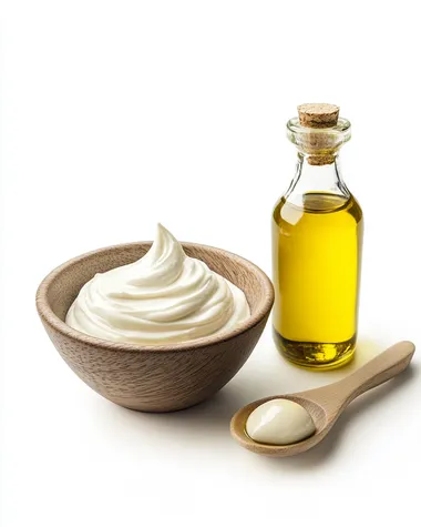 front view of a bowl cream and a spoonful of olive oil in the foreground, on a white background. Realistic photo, high resolution