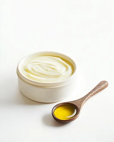 front view of a bowl cream and a spoonful of olive oil in the foreground, on a white background. Realistic photo, high resolution