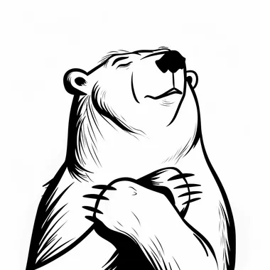 A minimalistic black and white line drawing of a polar bear with an elderly appearance, struggling to read something up close. The bear is depicted squinting or holding an object far away, with a slightly puzzled or amused expression. The design maintains a clean, simple, and whimsical aesthetic on a white background.