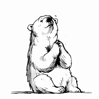 A minimalistic black and white line drawing of a polar bear with an elderly appearance, struggling to read something up close. The bear is depicted squinting or holding an object far away, with a slightly puzzled or amused expression. The design maintains a clean, simple, and whimsical aesthetic on a white background.