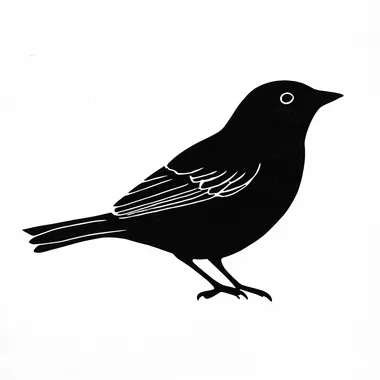 a simplistic but stylish lino print of a blackbird (Turdus merula). Black ink should be used for the blackbird. The background is white. The image should flow and show the grace and cheer of the bird