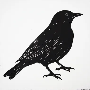 a simplistic but stylish lino print of a blackbird (Turdus merula). Black ink should be used for the blackbird. The background is white. The image should flow and show the grace and cheer of the bird