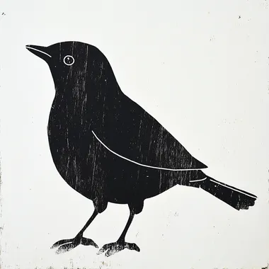 a simplistic but stylish lino print of a blackbird (Turdus merula). Black ink should be used for the blackbird. The background is white. The image should flow and show the grace and cheer of the bird