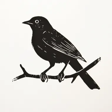 a simplistic but stylish lino print of a blackbird (Turdus merula). Black ink should be used for the blackbird. The background is white. The image should flow and show the grace and cheer of the bird