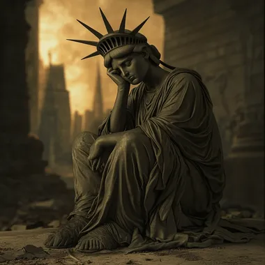 a photo-realistic lady liberty sitting down with her torch at her feet, looking dejected