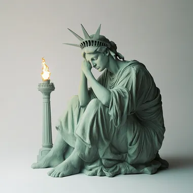 a photo-realistic lady liberty sitting down with her torch at her feet, looking dejected