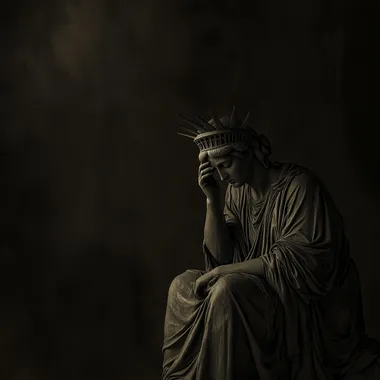 a photo-realistic lady liberty sitting down with her torch at her feet, looking dejected