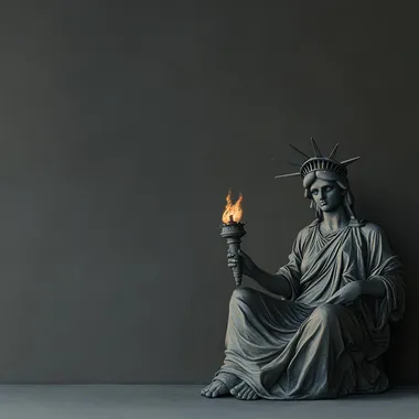 a photo-realistic lady liberty sitting down with her torch at her feet, looking dejected