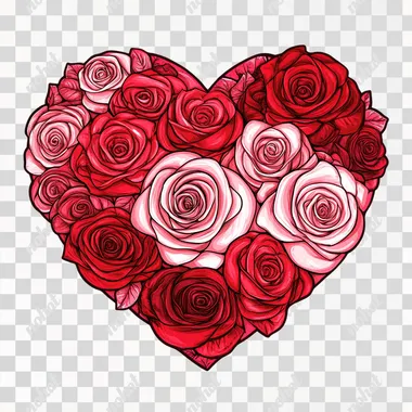 a vector illusration of a heart shape, inside the heart shape, are a roses pattern in red and pink colors, white background, valentine's color palettes, bold outlines, line art,
