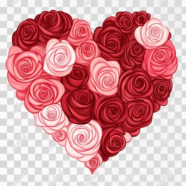 a vector illusration of a heart shape, inside the heart shape, are a roses pattern in red and pink colors, white background, valentine's color palettes, bold outlines, line art,