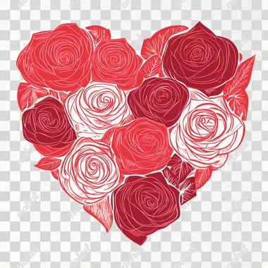 a vector illusration of a heart shape, inside the heart shape, are a roses pattern in red and pink colors, white background, valentine's color palettes, bold outlines, line art,