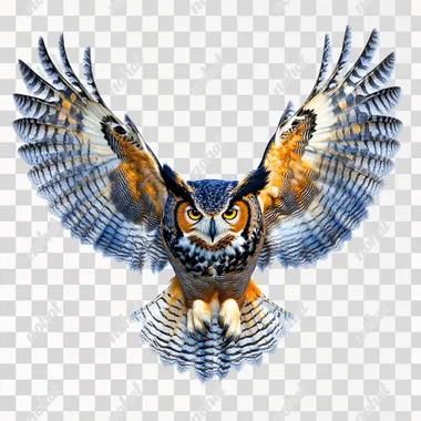 a stunning photograph, in blues and yellows, of a very colorful great horned owl in mid flight facing forward with a solid white background --s 50