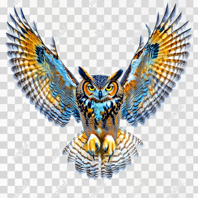 PNG Colorful Great Horned Owl in Flight Over a Solid White Background