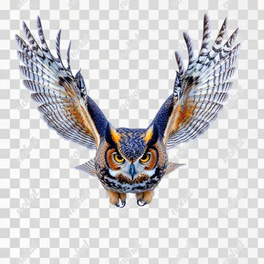 a stunning photograph, in blues and yellows, of a very colorful great horned owl in mid flight facing forward with a solid white background --s 50