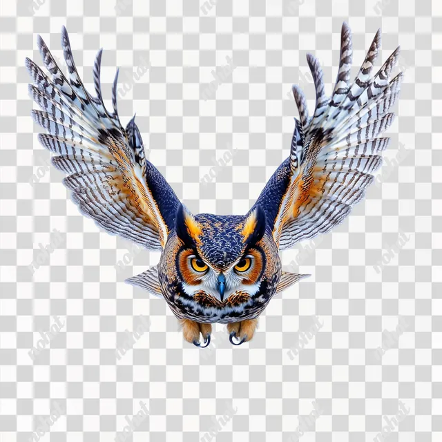 PNG Great Horned Owl in Mid-Flight Against a White Background