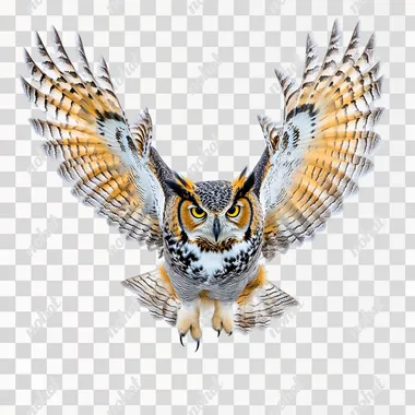 a stunning photograph, in blues and yellows, of a very colorful great horned owl in mid flight facing forward with a solid white background --s 50