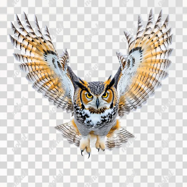 PNG Great Horned Owl in Flight Over Blue and Yellow Sky, Stunning Photo