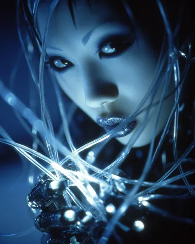 Insanely Minimal Photography by wong kar-wai of navy-blue lemon-yellow snow-white minimalistic female fashion model-cyborg in the style of very sparse with very minimal ornamentations by peter saville, close up shot, subsurface scattering     4254uvg