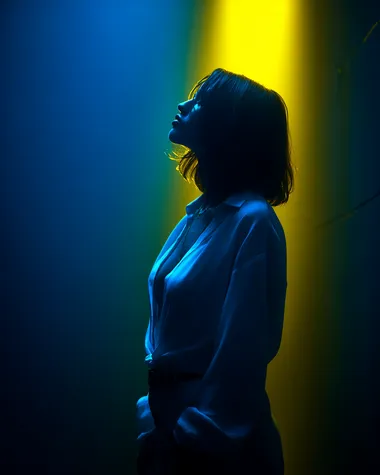 Insanely Minimal Photography by wong kar-wai of navy-blue lemon-yellow snow-white minimalistic female fashion model-cyborg in the style of very sparse with very minimal ornamentations by peter saville, close up shot, subsurface scattering     4254uvg