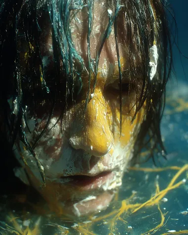 Insanely Minimal Photography by wong kar-wai of navy-blue lemon-yellow snow-white minimalistic female fashion model-cyborg in the style of very sparse with very minimal ornamentations by peter saville, close up shot, subsurface scattering     4254uvg