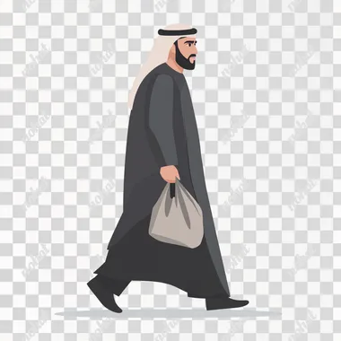 saudi man walking with trash bag in his hand This is a vector flat illustration, with simple shapes, minimal details, no shadows, a white background, outlines, simple lines, in a vector art style, with a flat design and minimalistic shapes