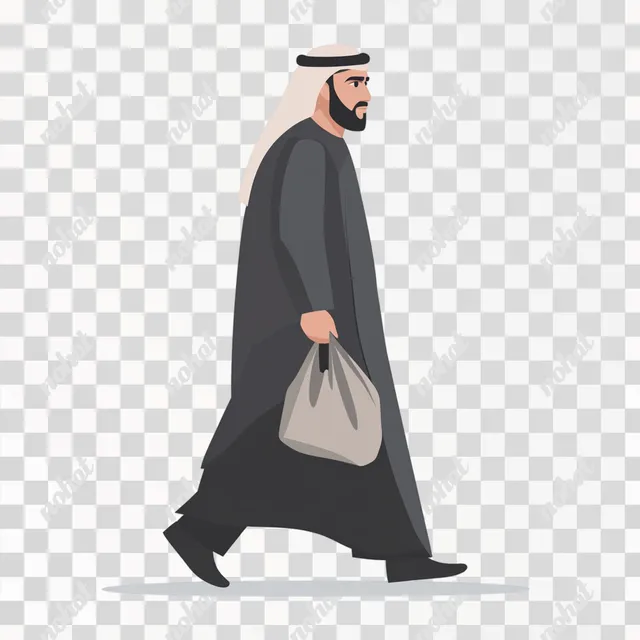 Saudi Man Walking with Trash Bag - Vector Flat Illustration PNG