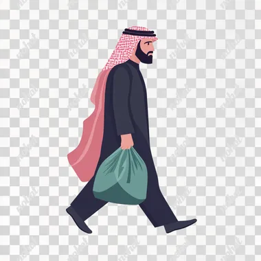 saudi man walking with trash bag in his hand This is a vector flat illustration, with simple shapes, minimal details, no shadows, a white background, outlines, simple lines, in a vector art style, with a flat design and minimalistic shapes