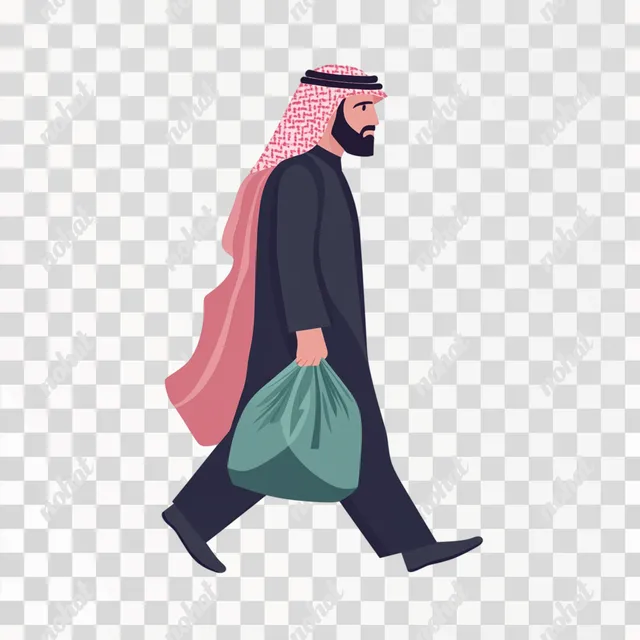 Saudi Man Walking with Trash Bag – Minimalist PNG Illustration