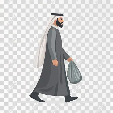 saudi man walking with trash bag in his hand This is a vector flat illustration, with simple shapes, minimal details, no shadows, a white background, outlines, simple lines, in a vector art style, with a flat design and minimalistic shapes