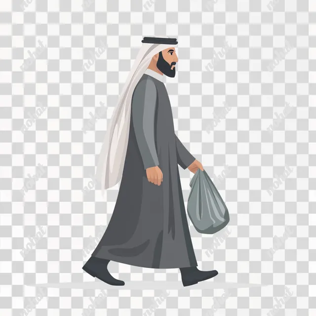 Saudi Man Walking with Trash Bag - Minimalist PNG Illustration