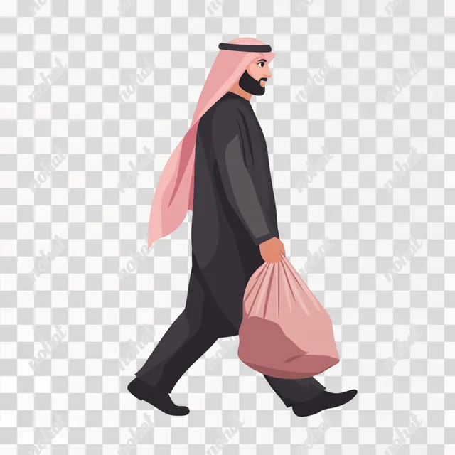 Saudi Man Walking with Pink Trash Bag - Flat Minimalist PNG Illustration