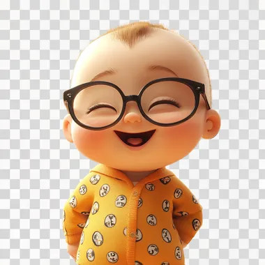 A cartoon baby boy, cute, wearing big glasses, buzz cut, laughing --s 250