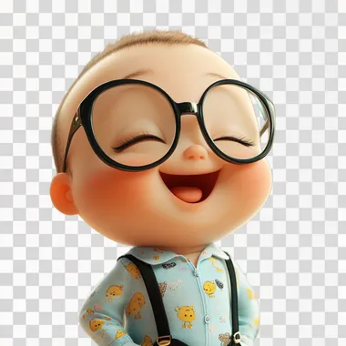 A cartoon baby boy, cute, wearing big glasses, buzz cut, laughing --s 250