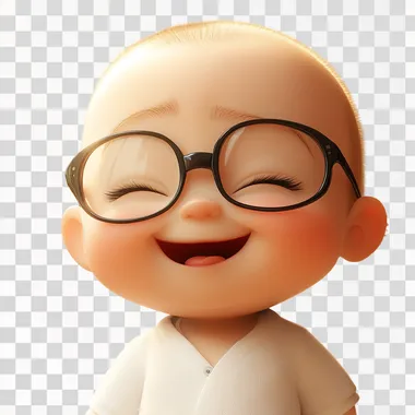 A cartoon baby boy, cute, wearing big glasses, buzz cut, laughing --s 250