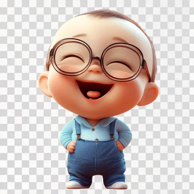 A cartoon baby boy, cute, wearing big glasses, buzz cut, laughing --s 250