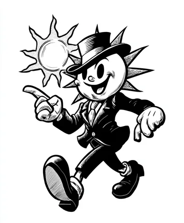 1930s style cartoon SUN, cuphead-style, in black and white, on a plain white background, walking and pointing at something.