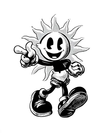 1930s style cartoon SUN, cuphead-style, in black and white, on a plain white background, walking and pointing at something.