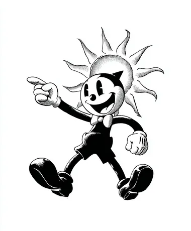 1930s style cartoon SUN, cuphead-style, in black and white, on a plain white background, walking and pointing at something.