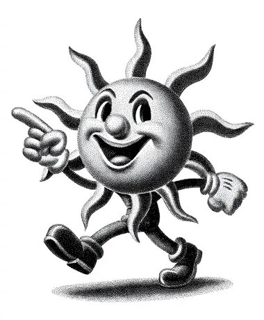 1930s style cartoon SUN, cuphead-style, in black and white, on a plain white background, walking and pointing at something.