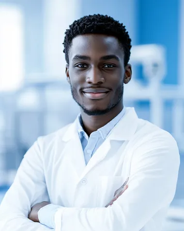 a photo hyper realistic portrait of a young black man in scientific white uniform pose with crossed arms. smiling at camera. a blurred blue modern and design laboratory in background