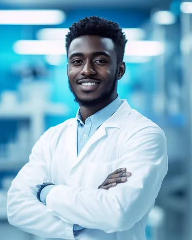 a photo hyper realistic portrait of a young black man in scientific white uniform pose with crossed arms. smiling at camera. a blurred blue modern and design laboratory in background
