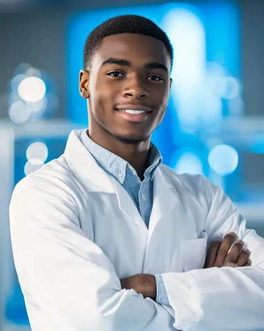 a photo hyper realistic portrait of a young black man in scientific white uniform pose with crossed arms. smiling at camera. a blurred blue modern and design laboratory in background