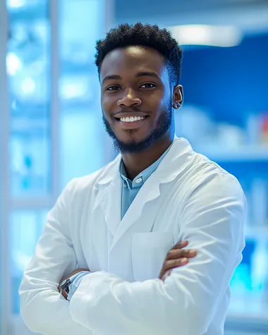 a photo hyper realistic portrait of a young black man in scientific white uniform pose with crossed arms. smiling at camera. a blurred blue modern and design laboratory in background