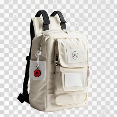 super clean minimalisticly designed adult backpack from a side angle and white background, the backpack includes one big main pocket on the front, side pockets, back pocket, white patches and a lucky charm hanging from it