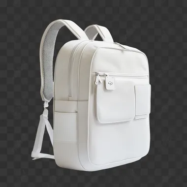 super clean minimalisticly designed adult backpack from a side angle and white background, the backpack includes one big main pocket on the front, side pockets, back pocket, white patches and a lucky charm hanging from it